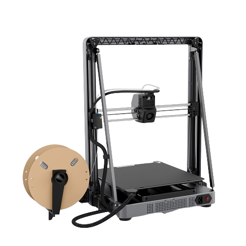 Una stampante 3D con un porta bobina di filamento sul lato sinistro.