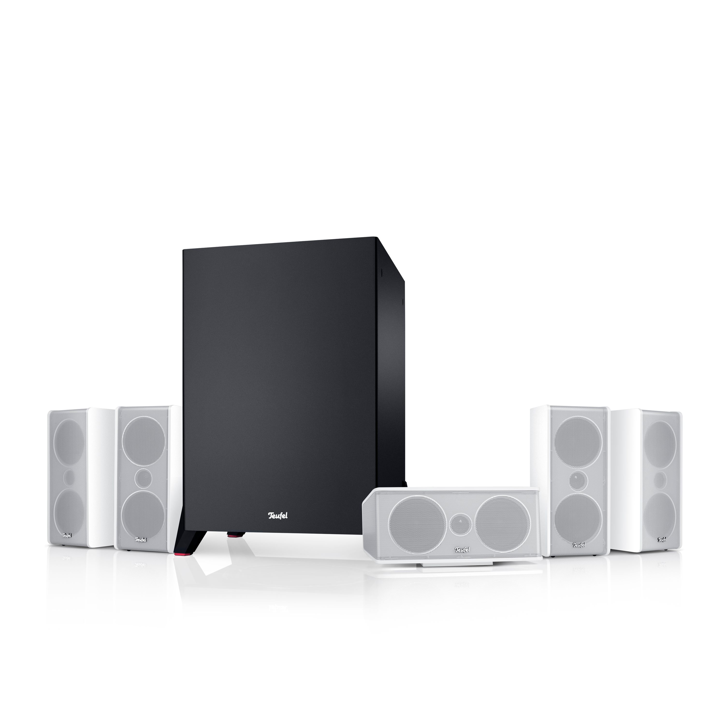 Schwarzer Subwoofer mit weißen Lautsprechern in verschiedenen Größen.