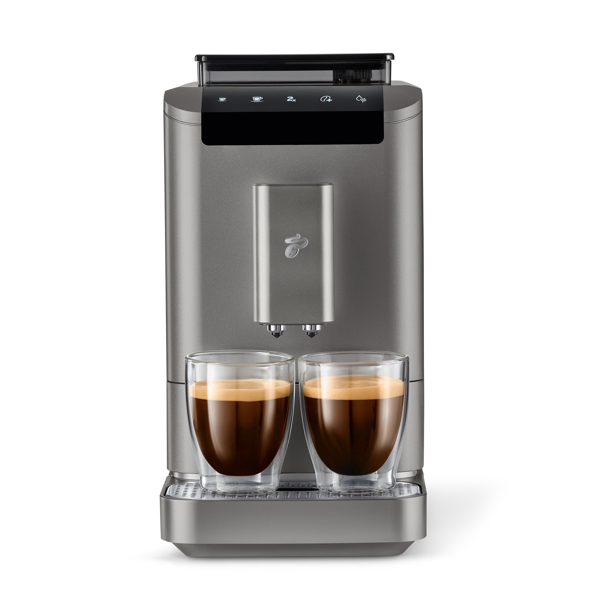 Graue Kaffeemaschine mit zwei gefüllten Espressogläsern.