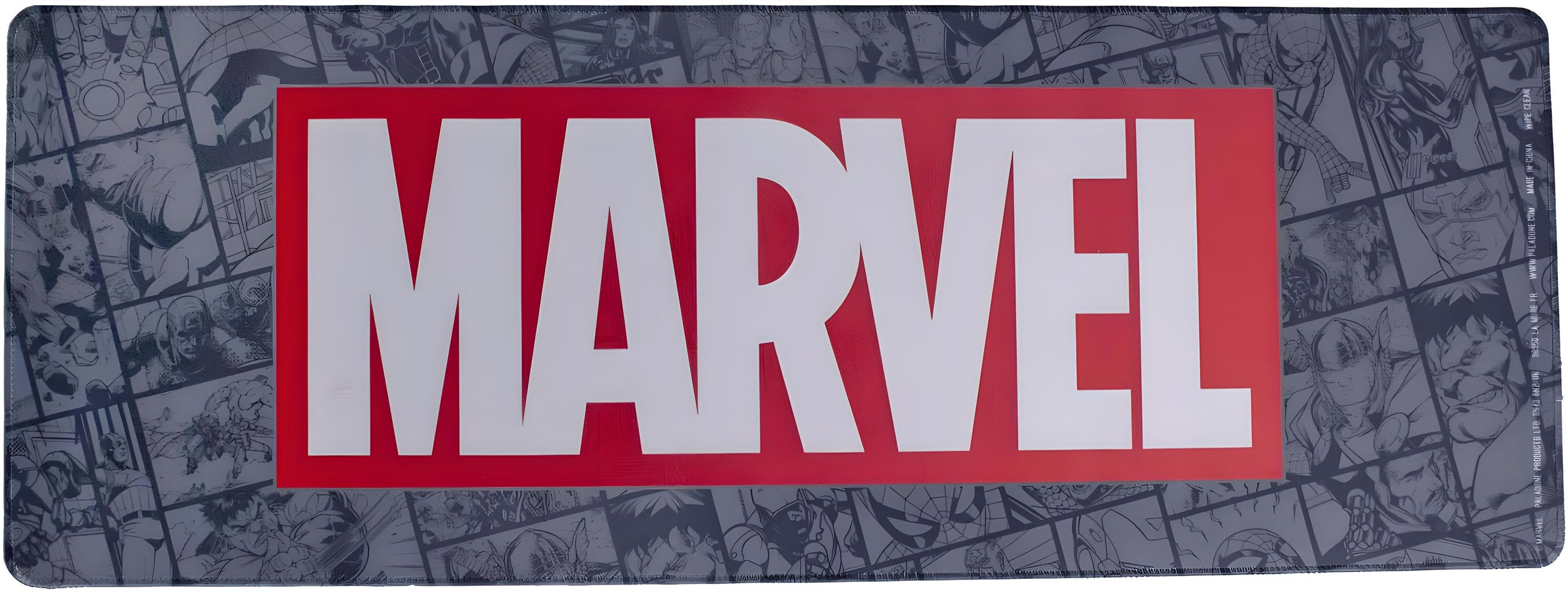 Szara mata z logo Marvel i kolażem komiksowym superbohaterów.