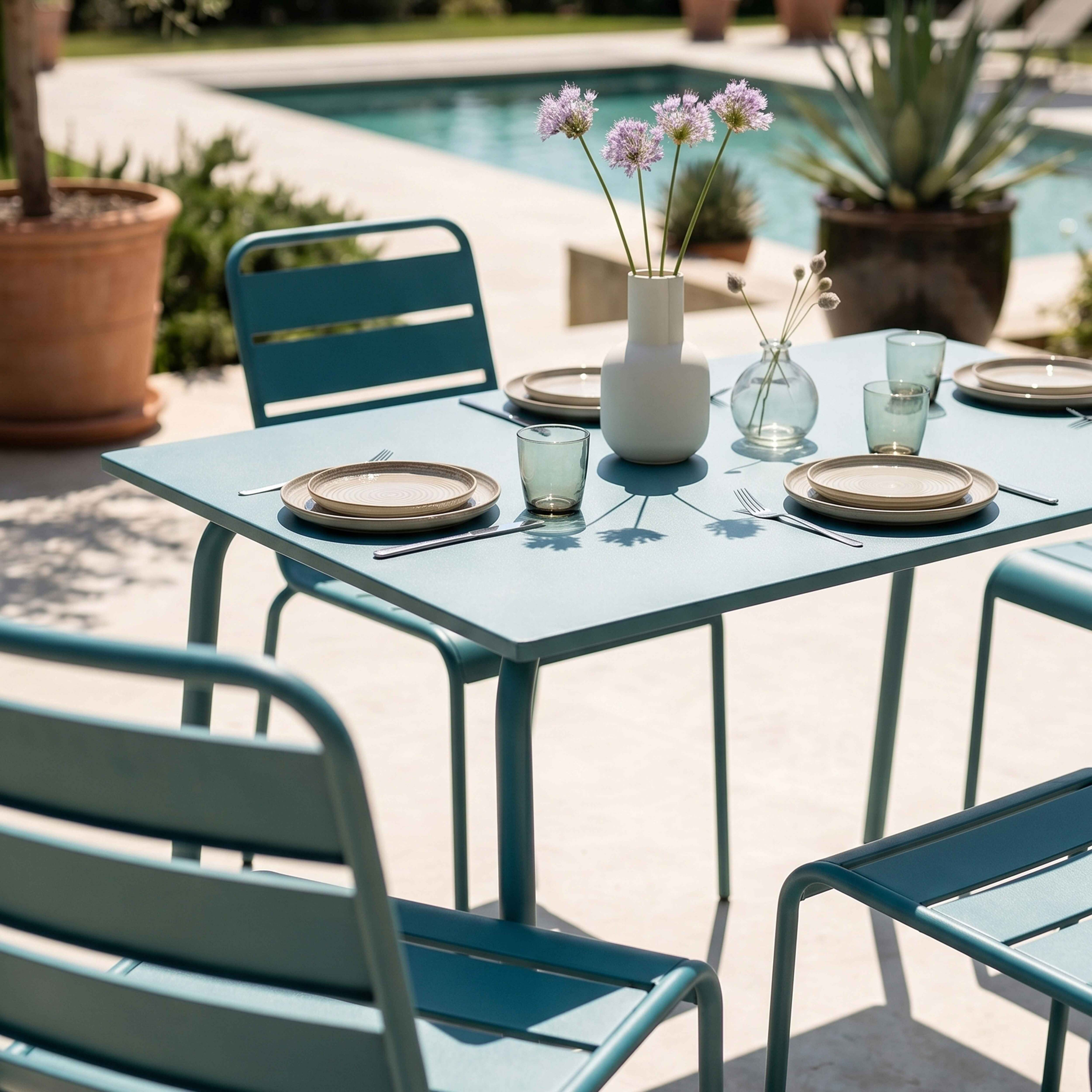 Ein blauer Gartentisch mit gedeckter Tafel und Stühlen neben einem Pool.