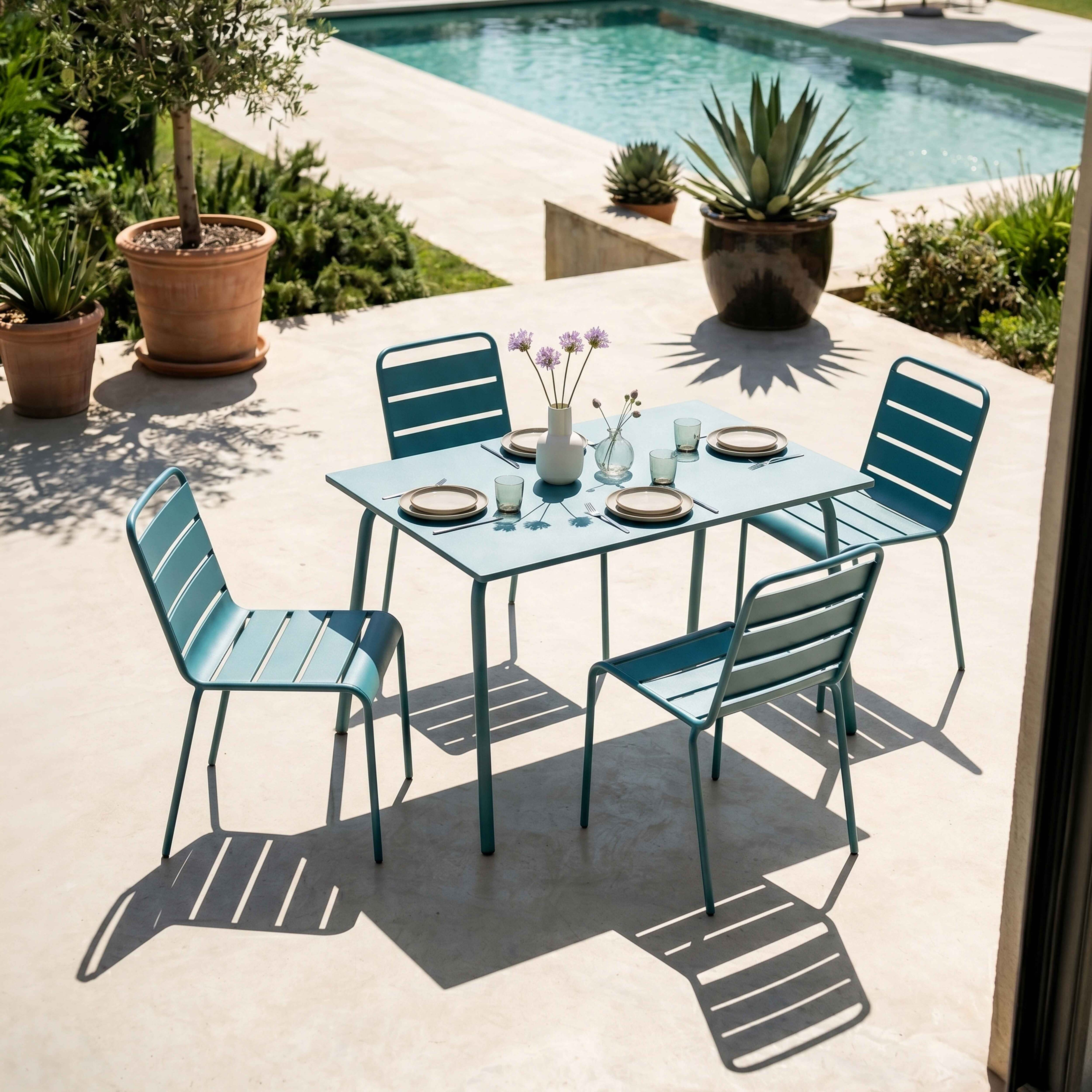 Ein blauer Gartentisch mit Stühlen steht neben einem Pool. Pflanzen umgeben den Bereich.