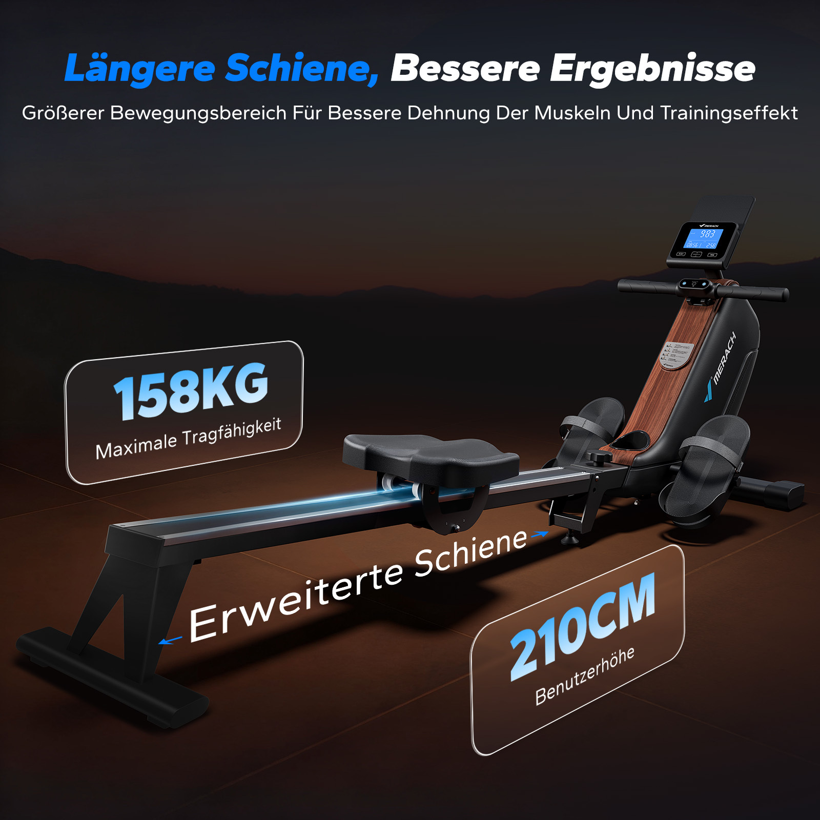 Ein schwarzer Ruderergometer mit Holzdetails. 158kg Tragfähigkeit.