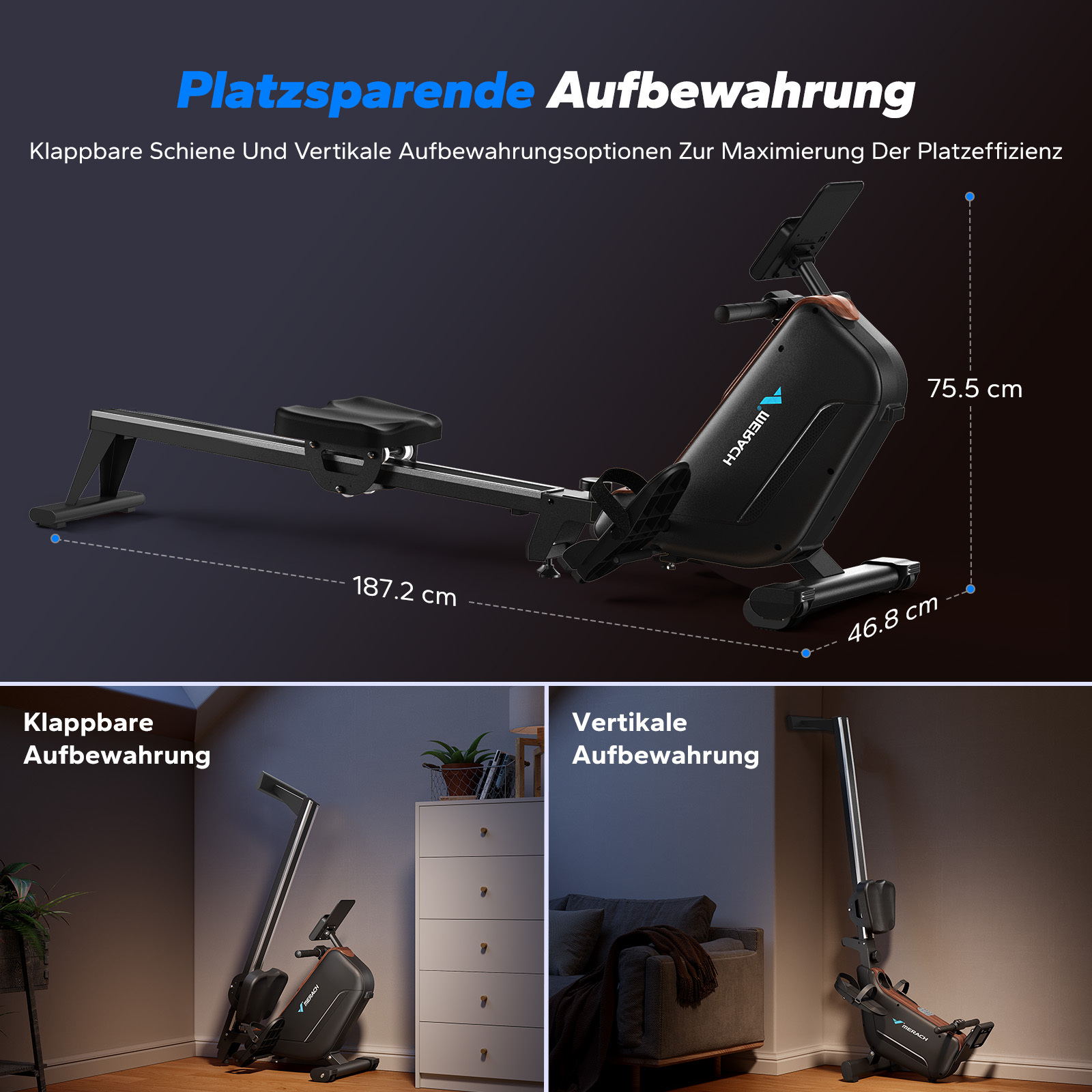 Rudergerät in ausgeklapptem und verstautem Zustand, Maße angegeben.
