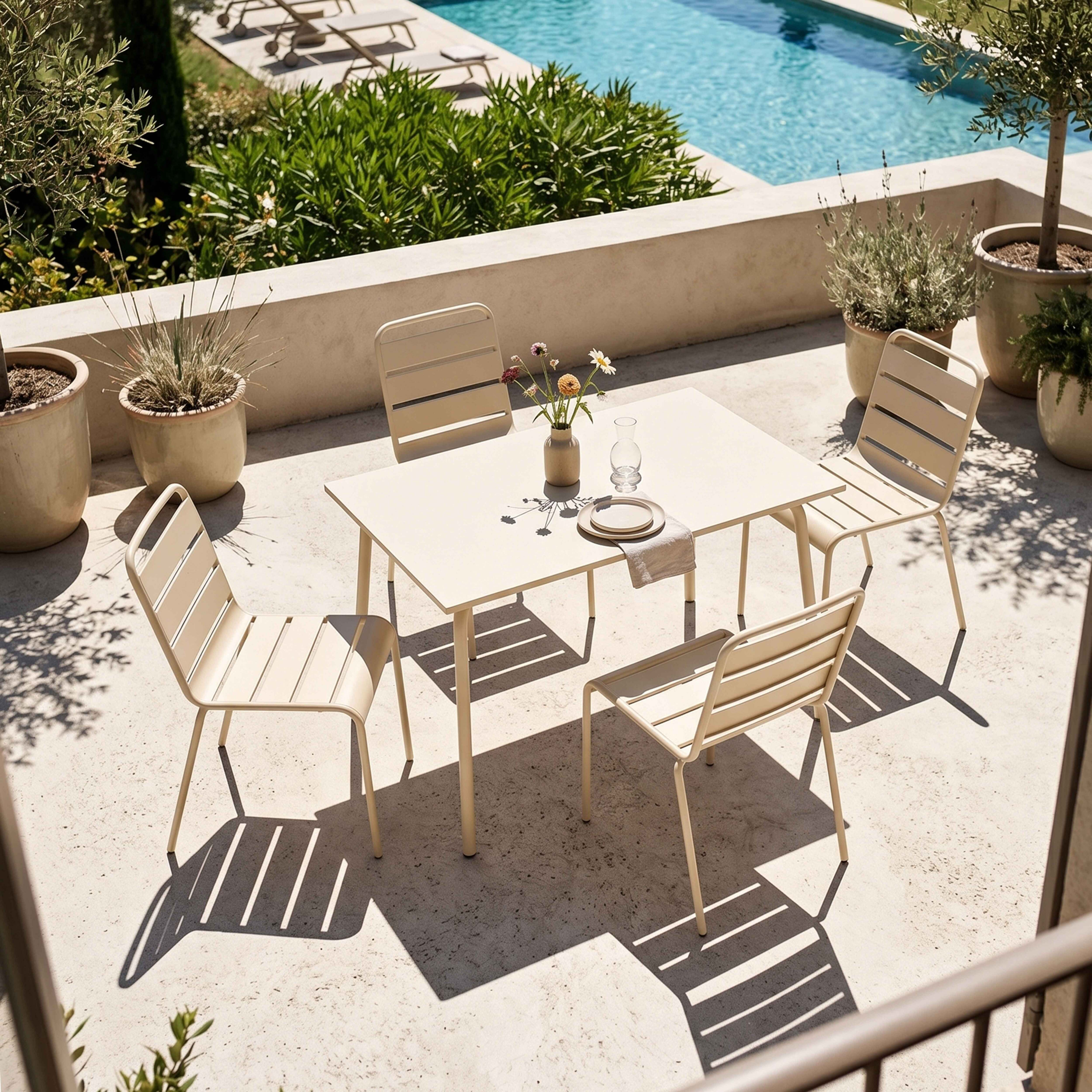 Eine helle Terrasse mit einem Tisch und vier Stühlen neben einem Pool.