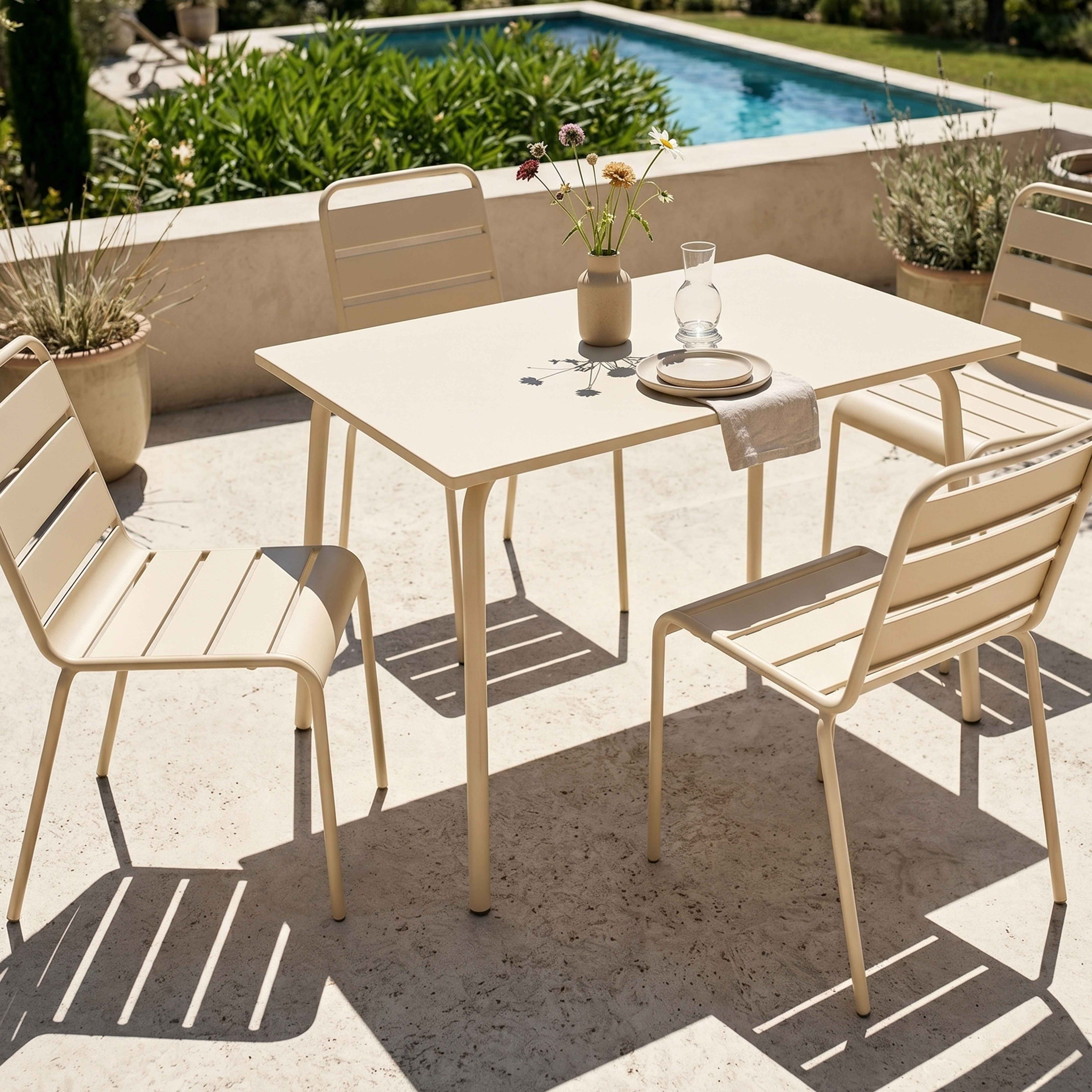 Beige Gartentisch mit vier Stühlen, Blumen, Glaskrug und Pool im Hintergrund.