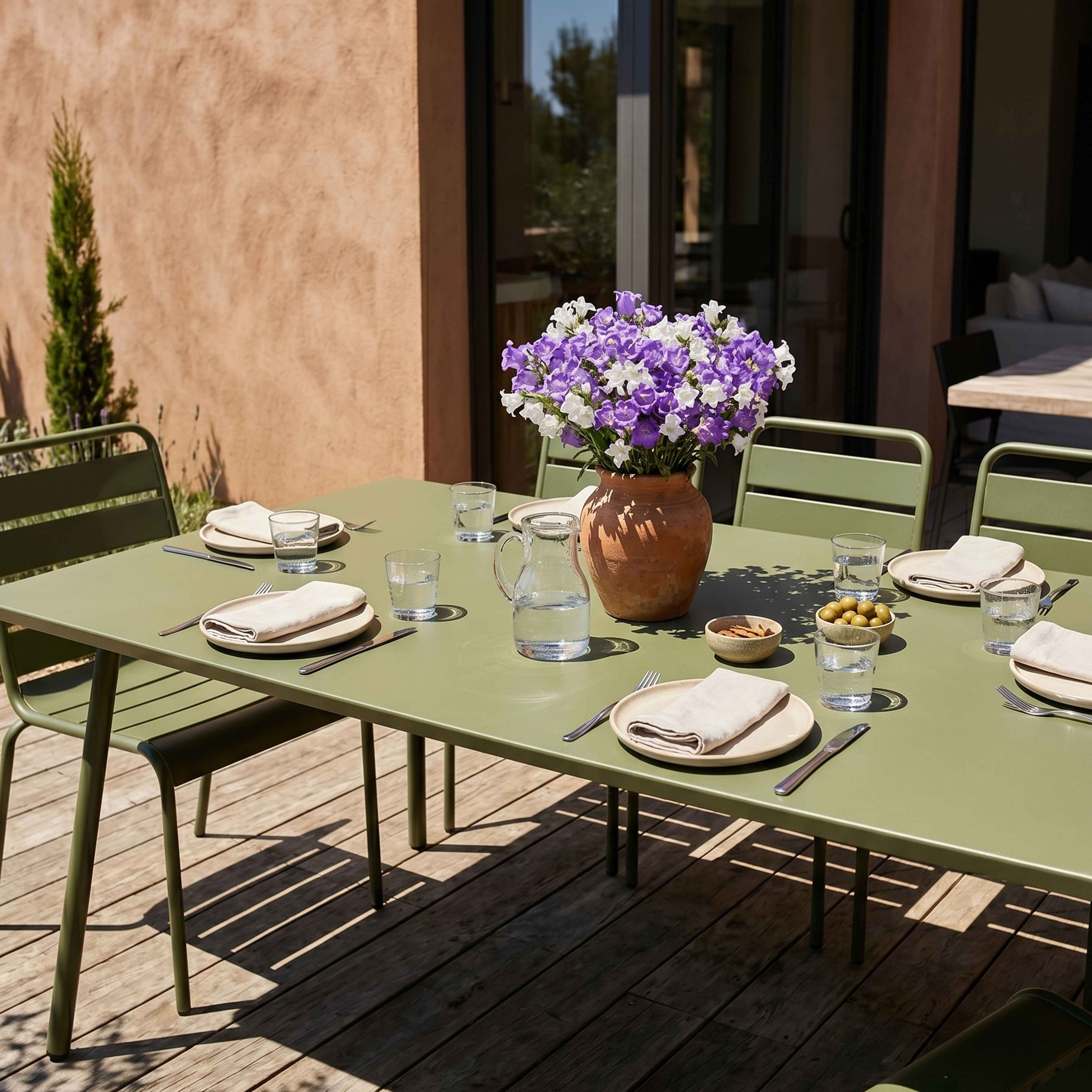 Grüner Tisch mit Blumen und Geschirr auf Holzdeck im Freien.
