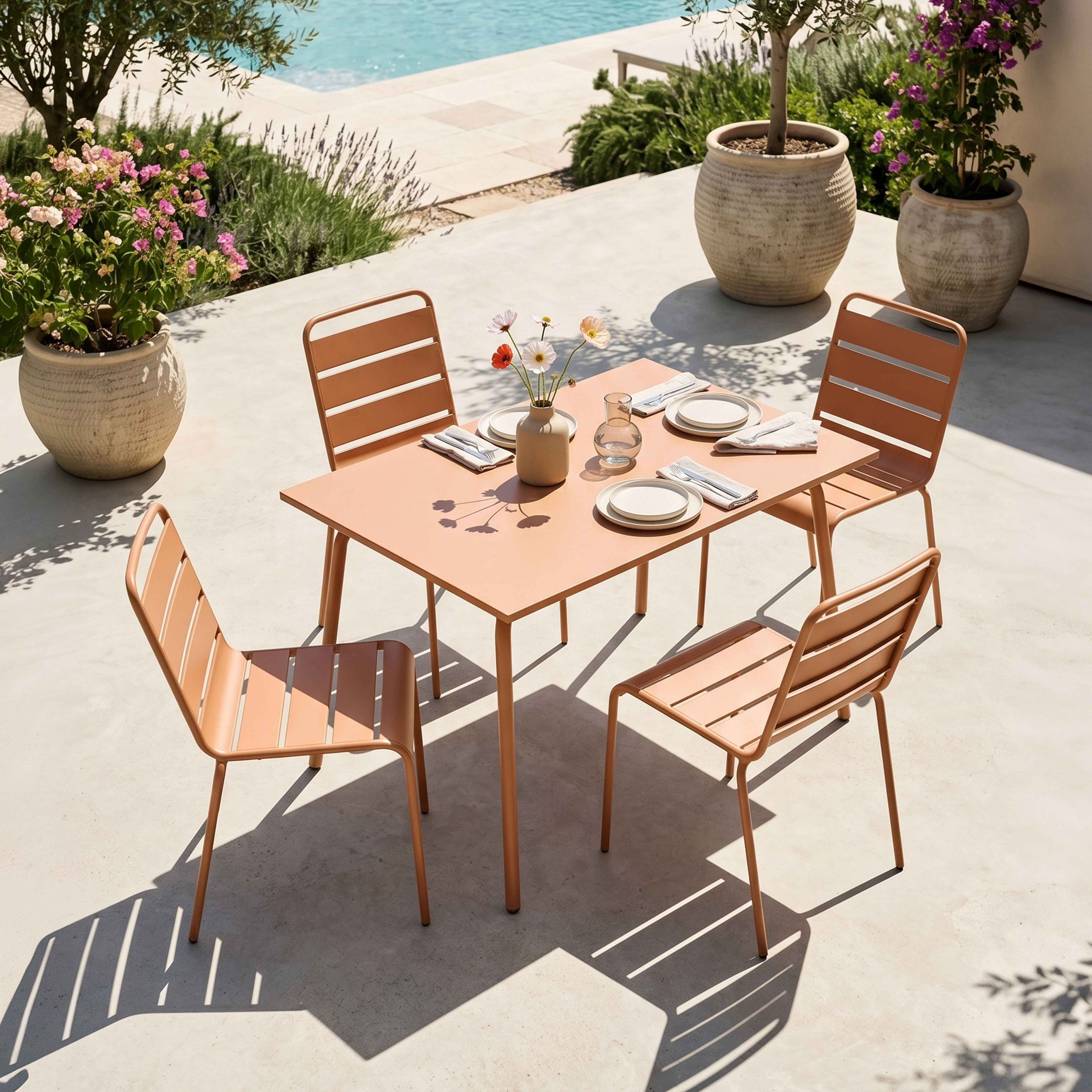 Ein orangefarbener Tisch mit vier Stühlen im Freien, daneben ein Pool und Pflanzen.