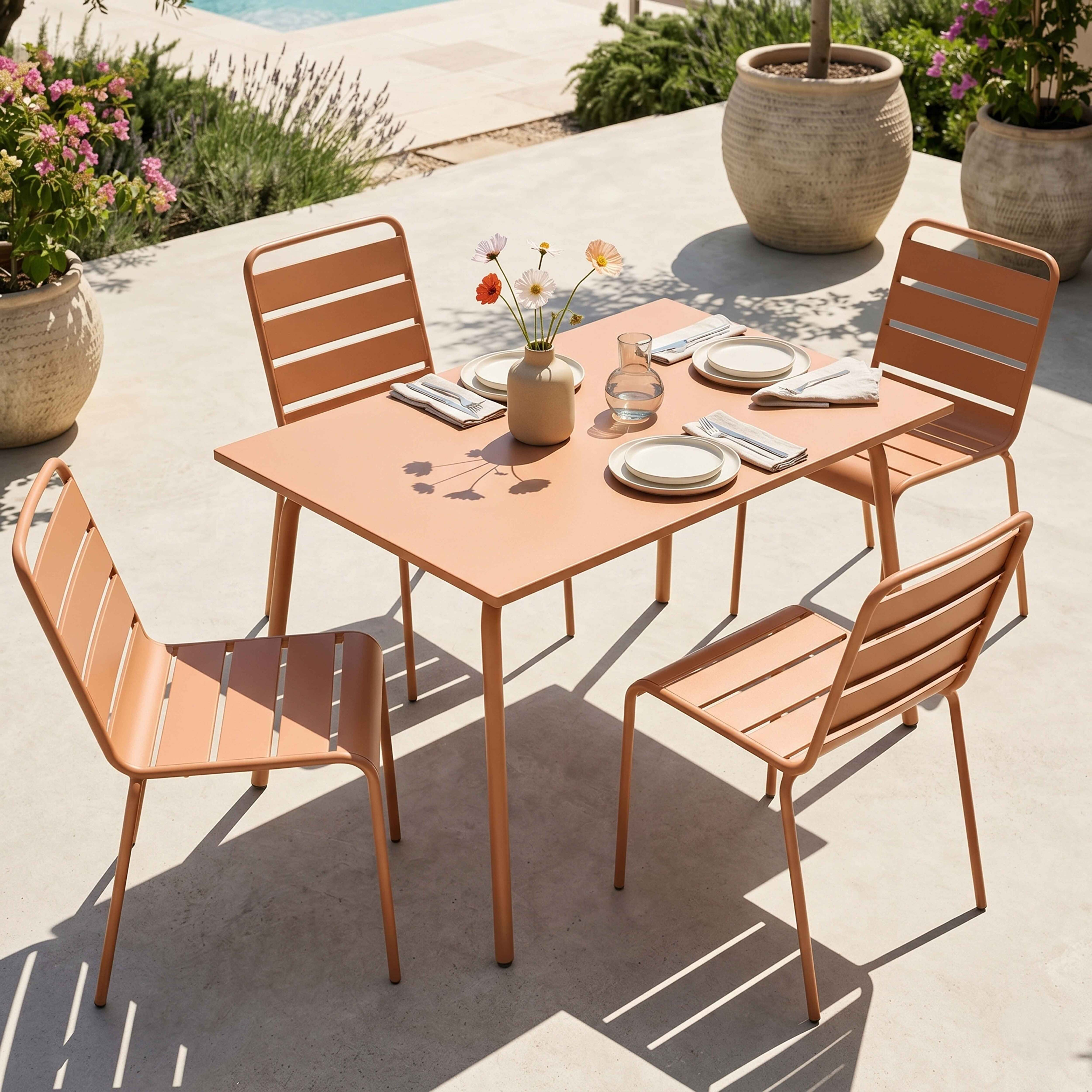 Ein orangefarbener Tisch und vier Stühle auf einer Terrasse mit Pflanzen und Pool im Hintergrund.