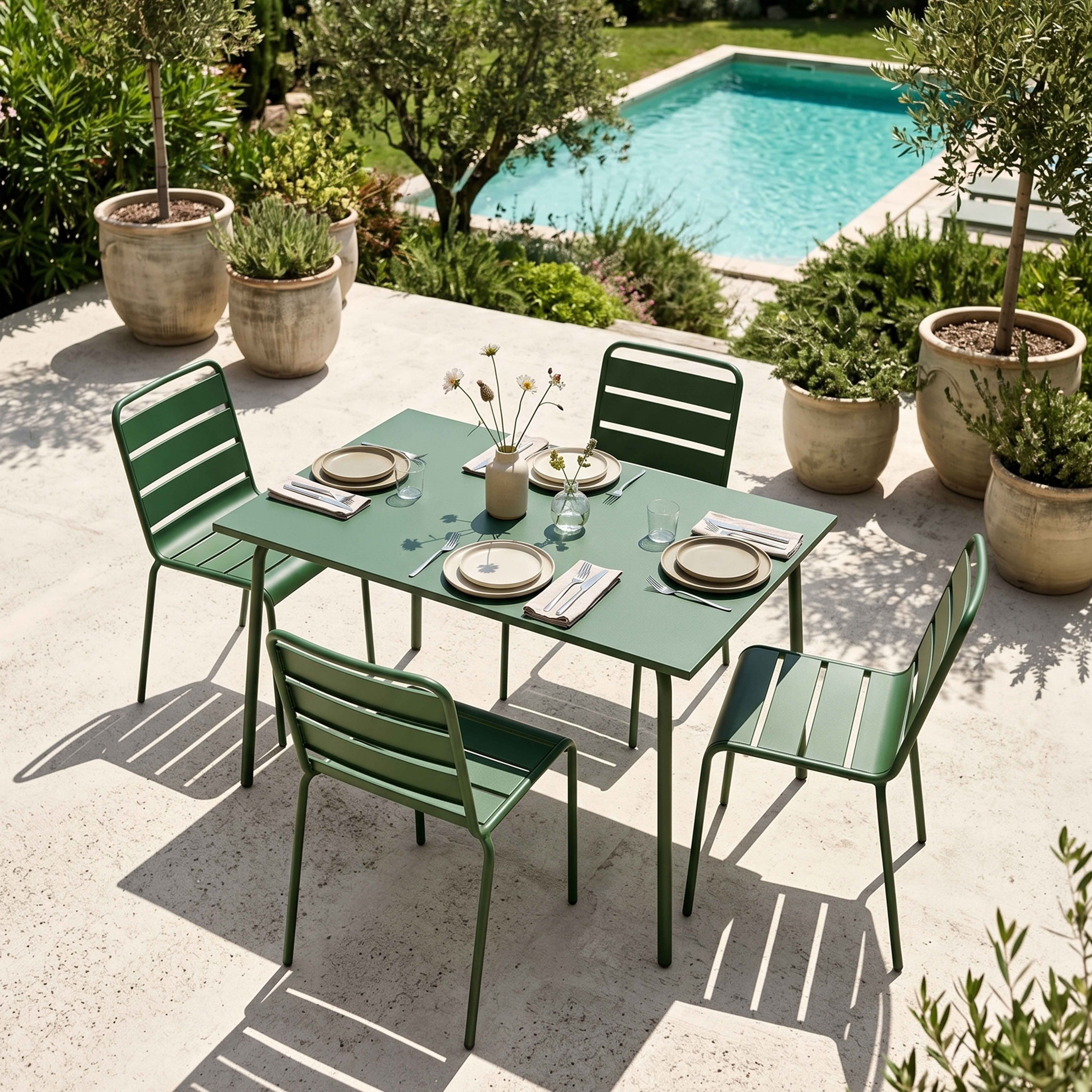 Grüne Gartenmöbel mit Esstisch und Stühlen, Pool im Hintergrund.