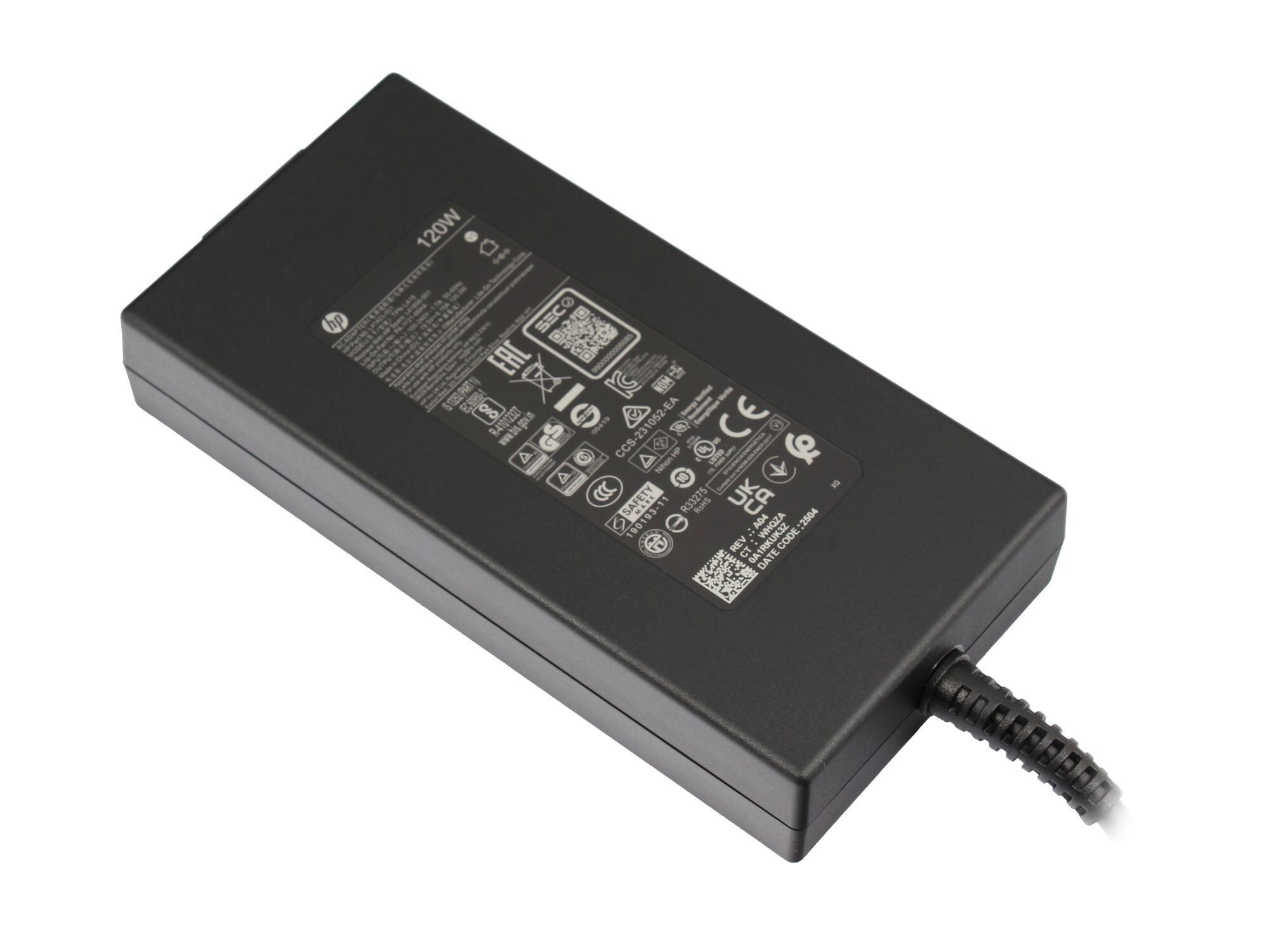 Schwarzer 120W HP Laptop-Netzteil mit vielen Zertifizierungslogos und einem Kabel.
