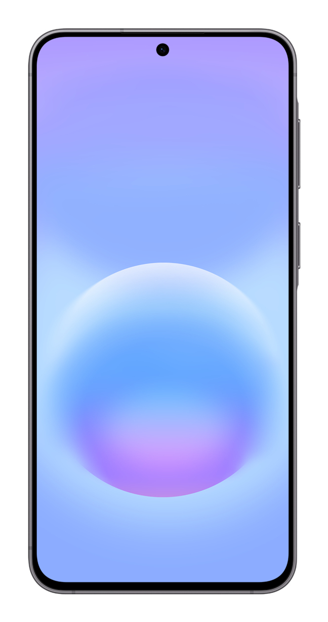 Uno smartphone con uno sfondo astratto blu e viola e una sfera centrale.