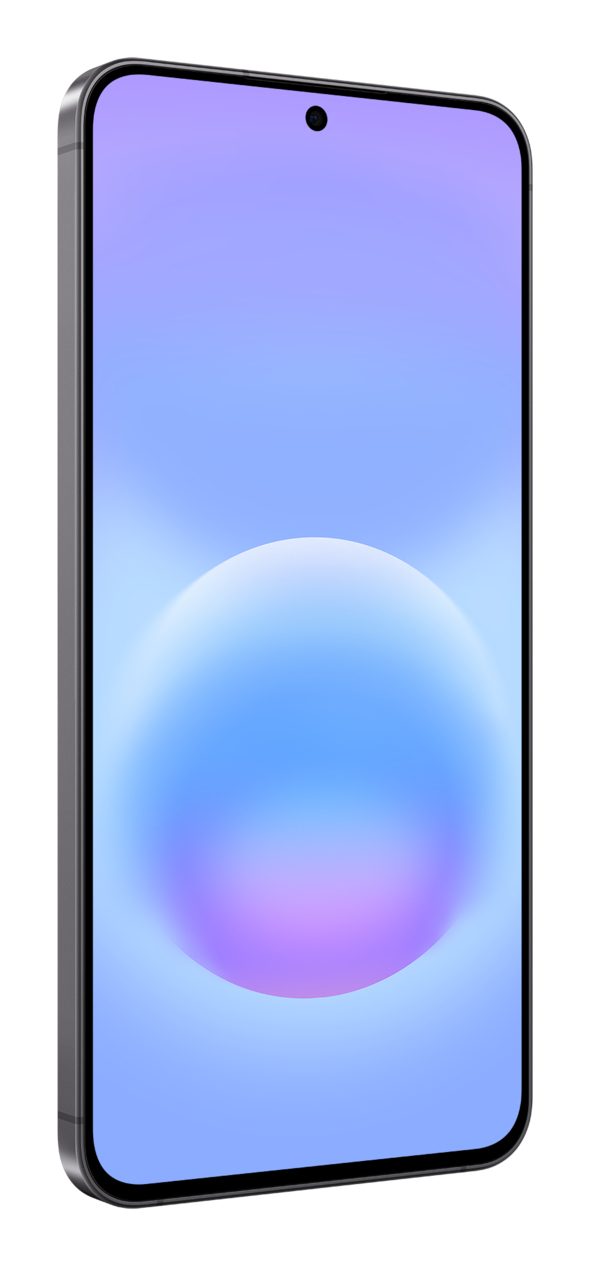 Uno smartphone grigio con un gradiente viola-blu e un cerchio.