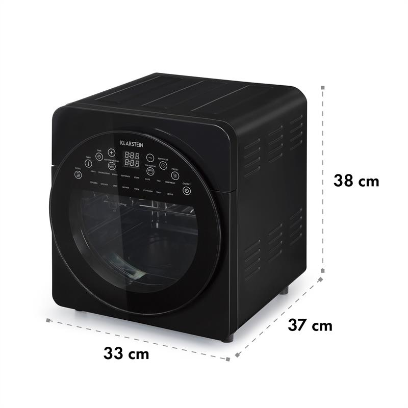 Horno Klarstein negro con pantalla digital y controles. Dimensiones: 33x37x38 cm.