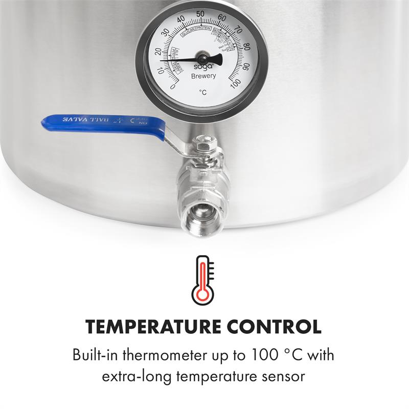 Edelstahlbehälter mit Thermometer bis 100°C und blauem Kugelhahn.