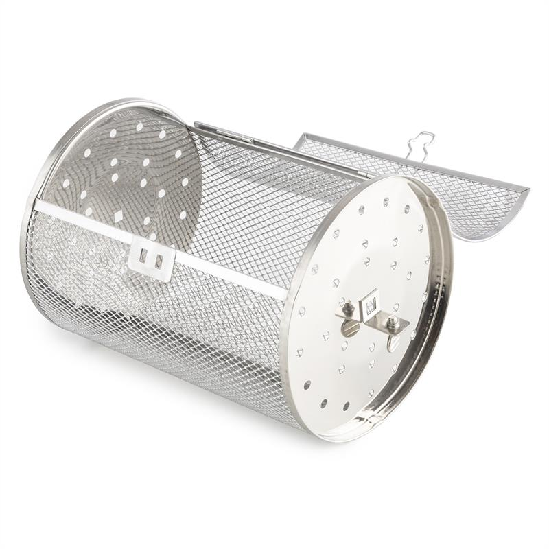 Ein runder, perforierter Metallkorb mit einem Gitterdeckel und Griff.
