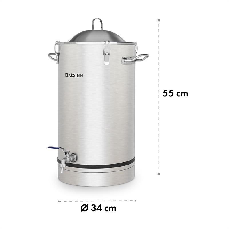 Ein silberner Klarstein-Wasserkocher mit 55 cm Höhe und 34 cm Durchmesser.