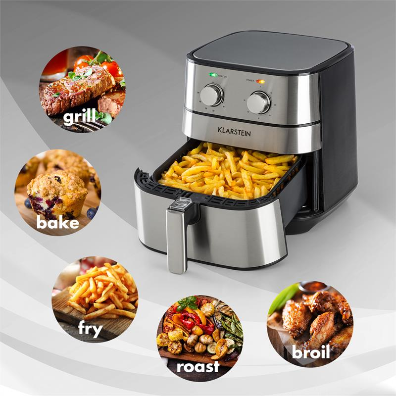 Freidora de aire Klarstein con patatas fritas, junto a imágenes de carne a la parrilla, magdalenas, patatas, asado y pollo.