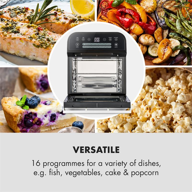 Un airfryer rodeado de imágenes de pescado, verduras, tarta y palomitas.