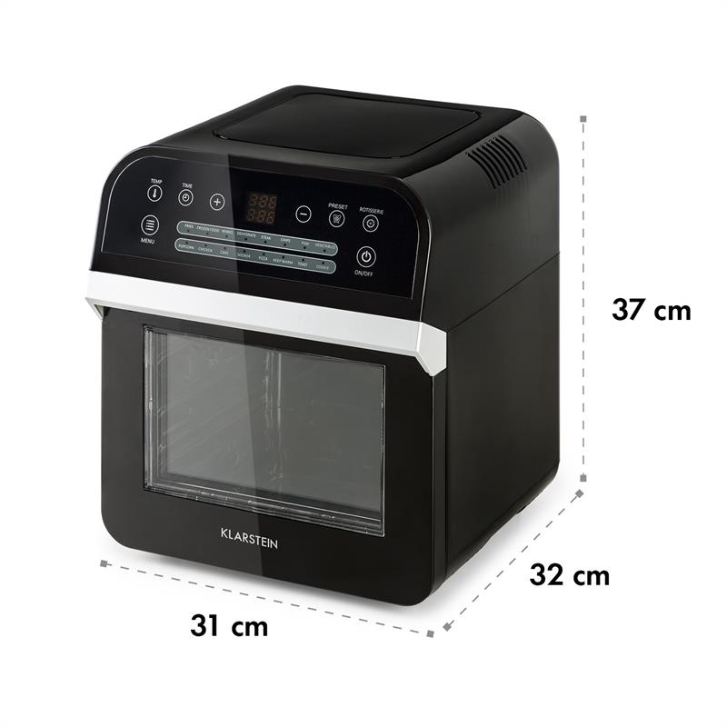 Un horno freidora de aire Klarstein negro con controles digitales y dimensiones.