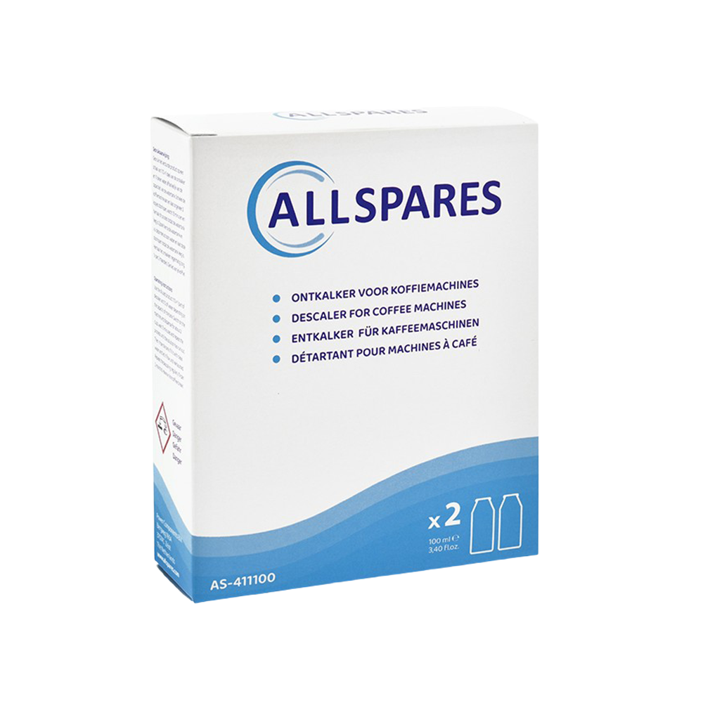 Confezione di decalcificante Allspares per macchine da caffè, contiene 2 flaconi da 100 ml.