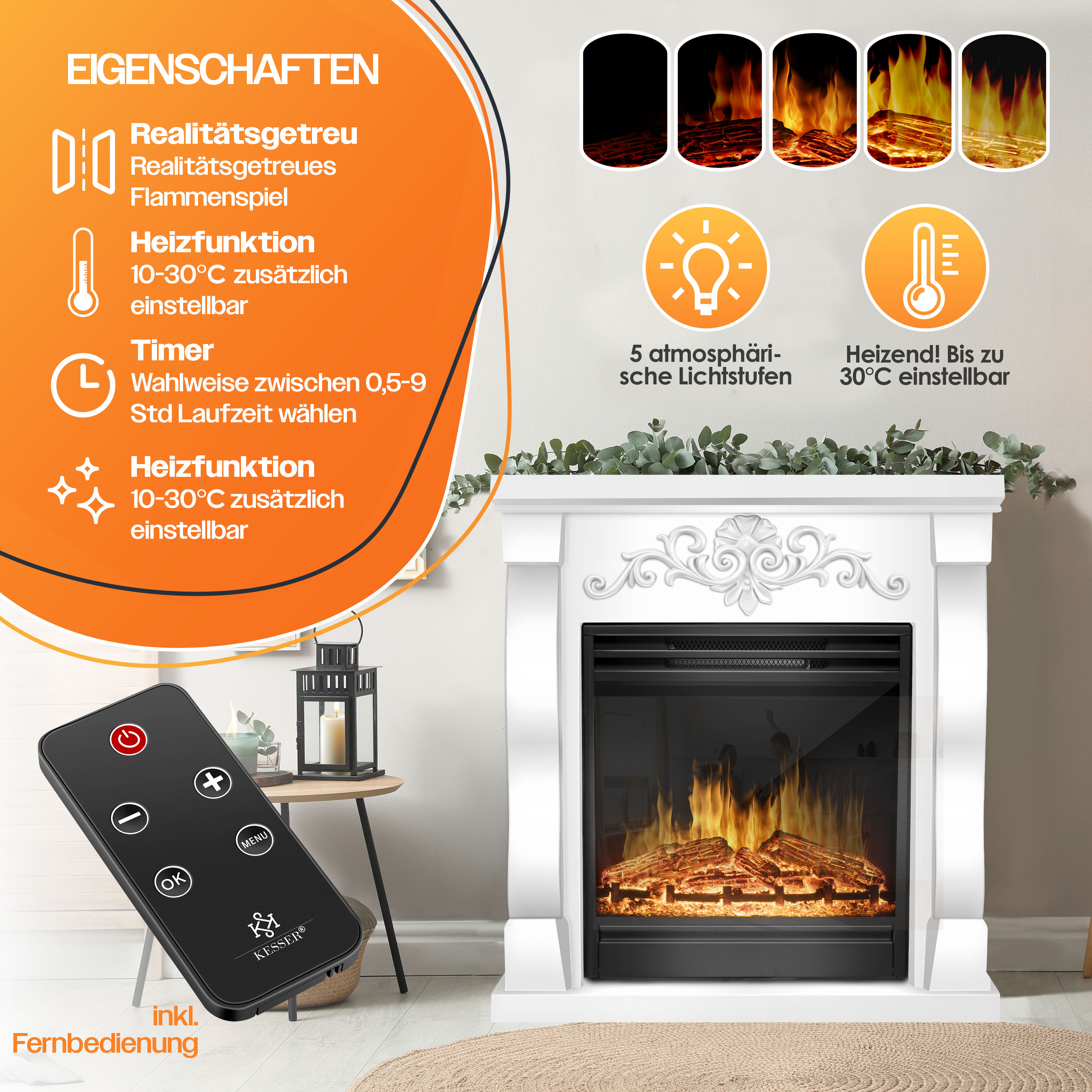Kamin mit Fernbedienung, Flammenanzeige, Heizfunktion und Timer.
