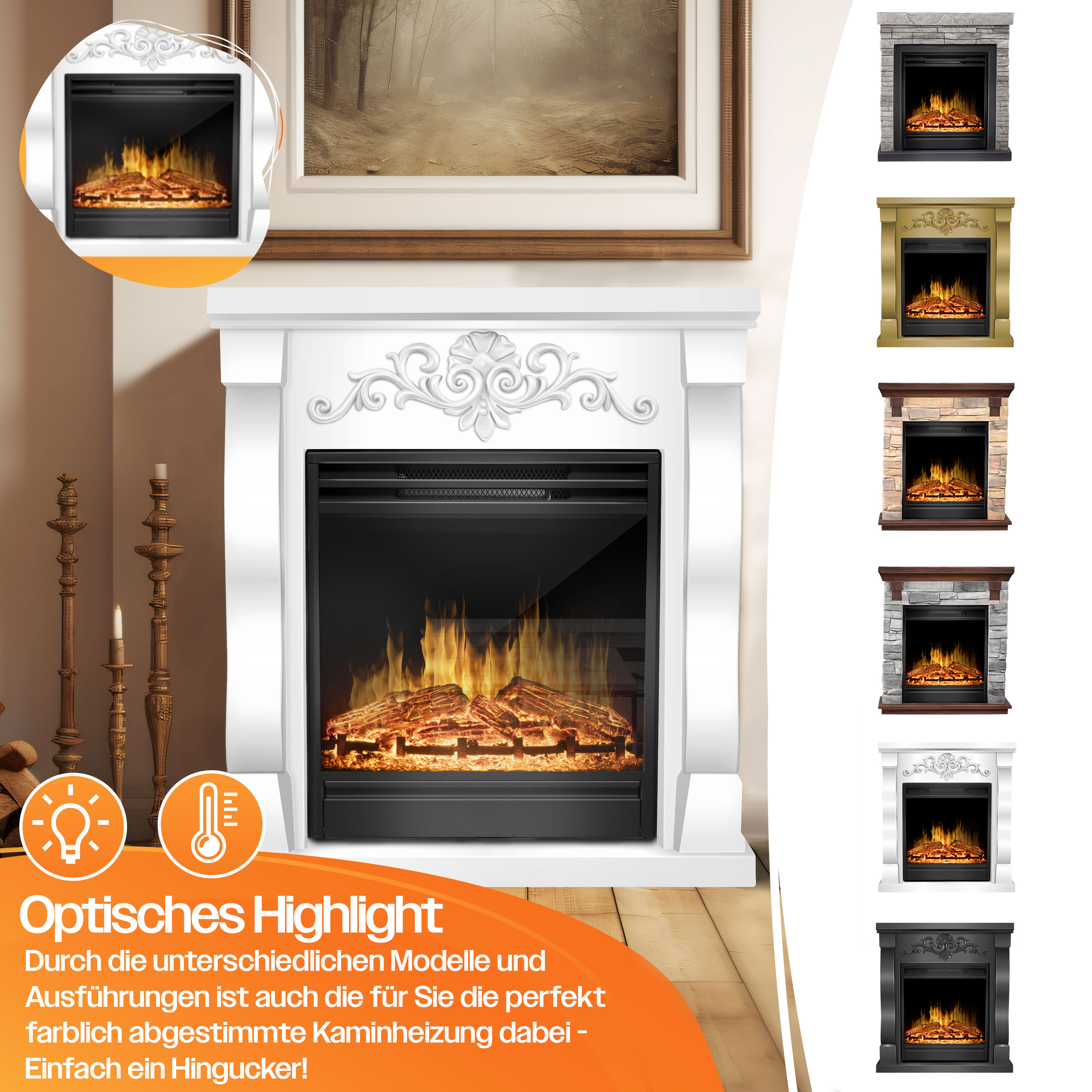 Ein weißer Kamin mit Flammen, daneben verschiedene Kaminmodelle.
