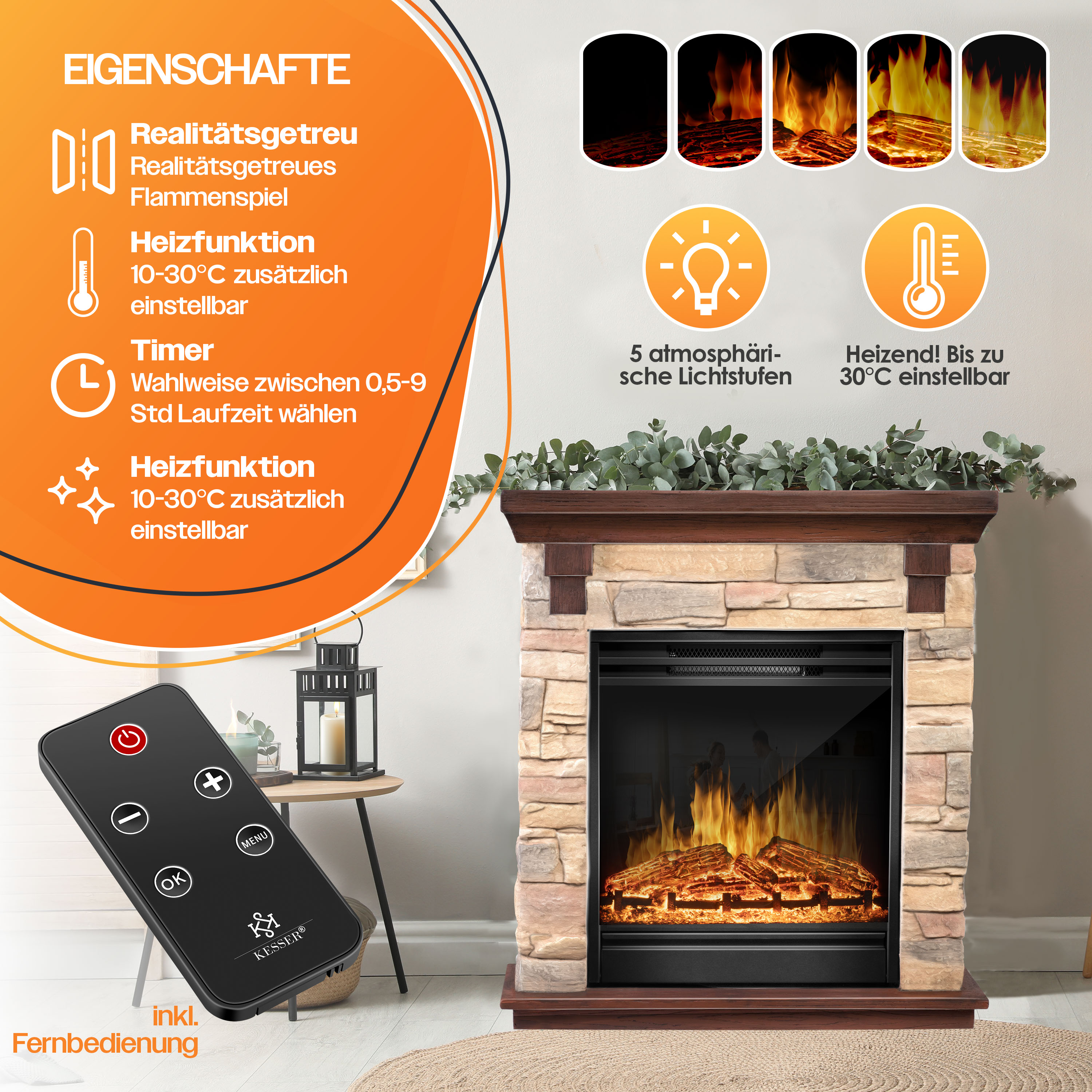 Ein moderner Kamin mit realistischer Flammenanzeige, Heizfunktion und Fernbedienung.