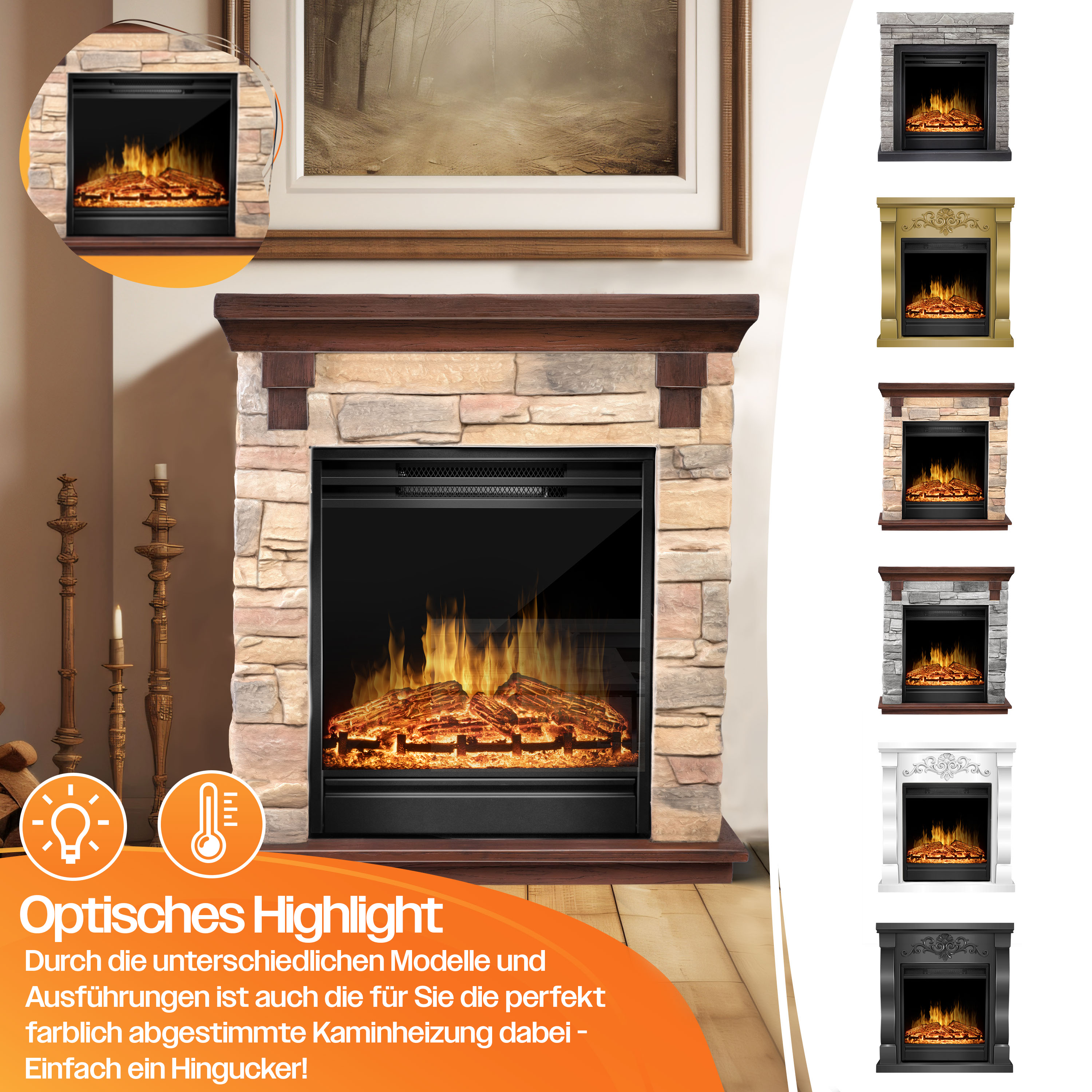 Kamin mit Steinverkleidung und Flammenbild. Mehrere Modelle sind abgebildet.