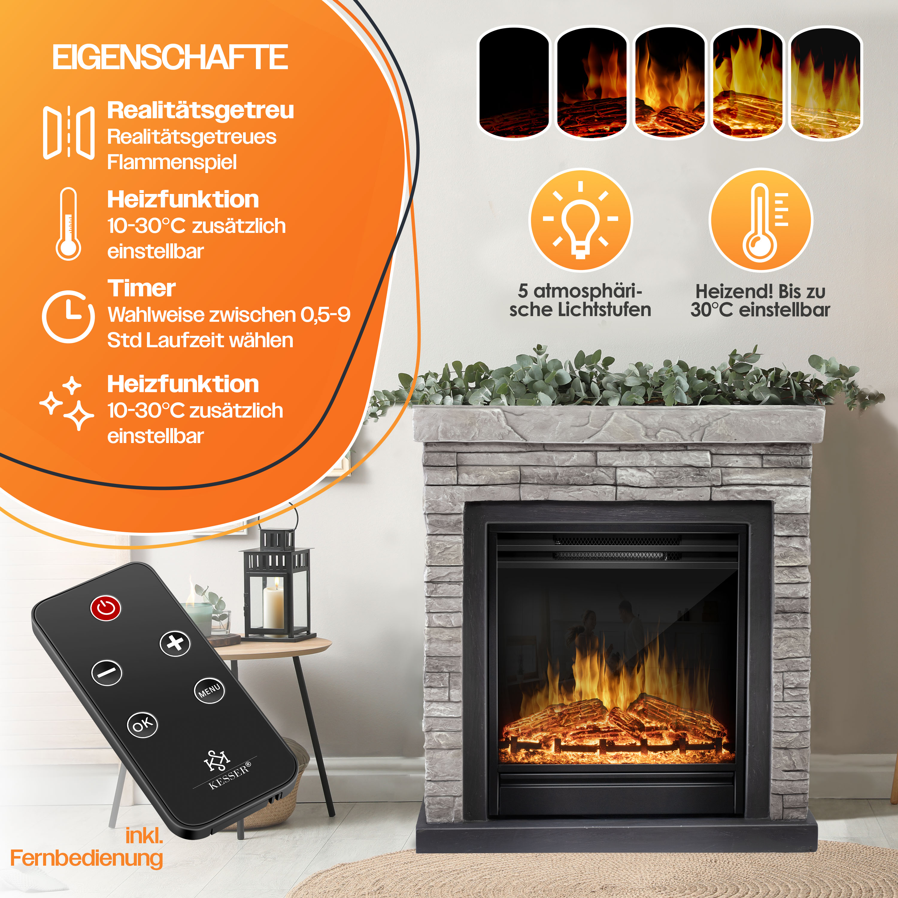 Kamin mit realistischer Flammenanzeige, Heizfunktion, Timer und Fernbedienung.