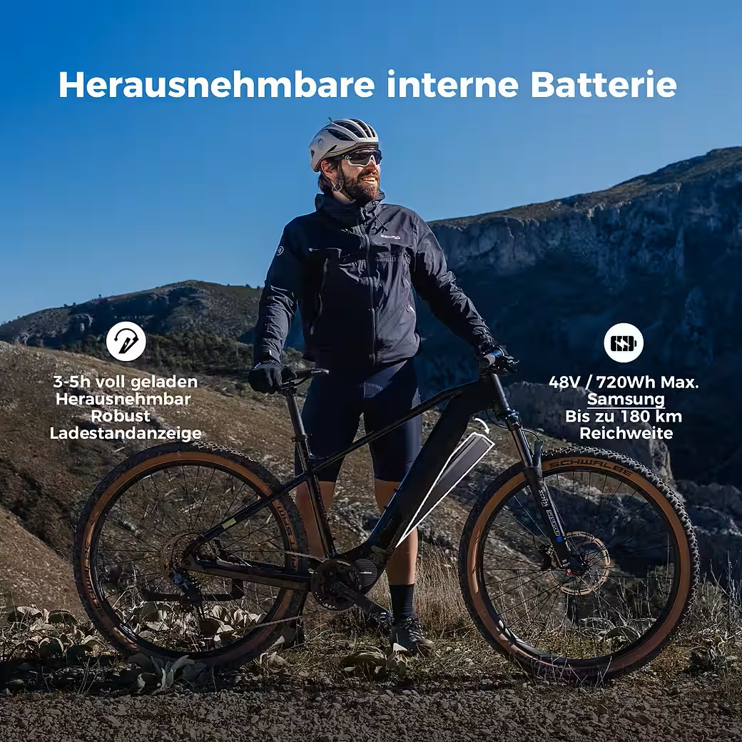 Mann mit E-Mountainbike in bergiger Landschaft, abnehmbare Batterie.