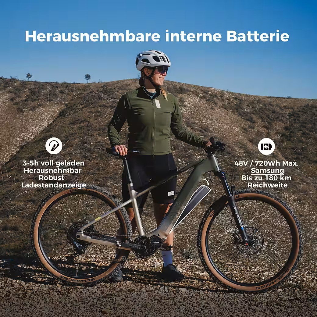 Frau mit E-Bike im Freien, mit Text über abnehmbare Batterie, 48V/720Wh, bis 180km Reichweite.