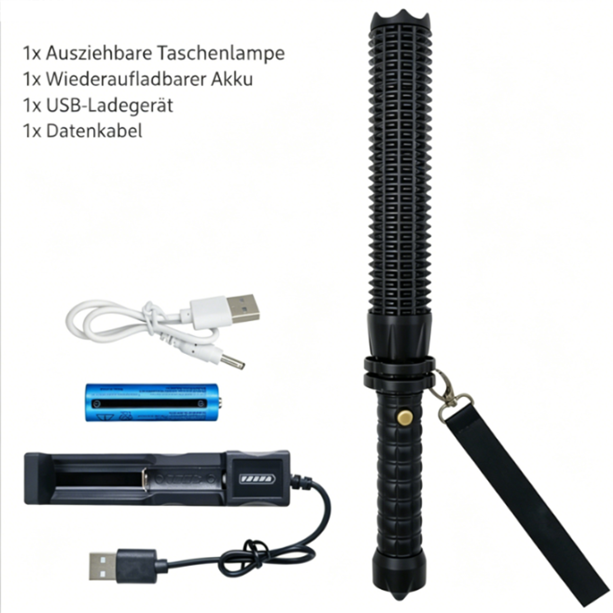 Schwarze Taschenlampe mit Zubehör: Akku, Ladegerät und Kabel.