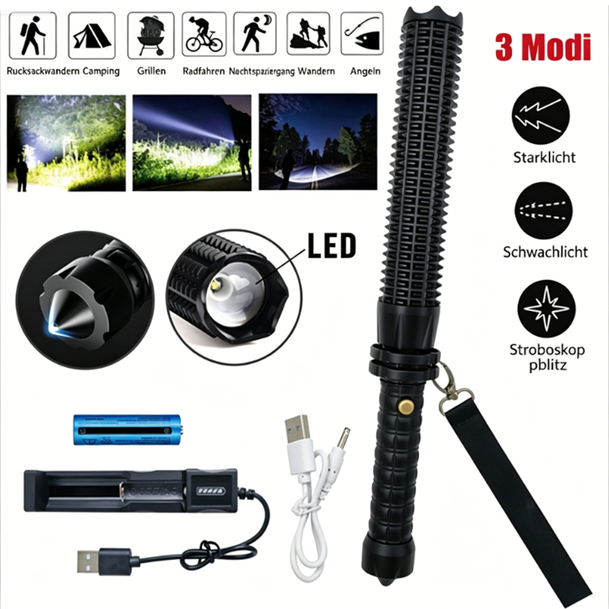 Taschenlampe mit Zubehör: Batterie, Ladegerät, Kabel. Verschiedene Modi.