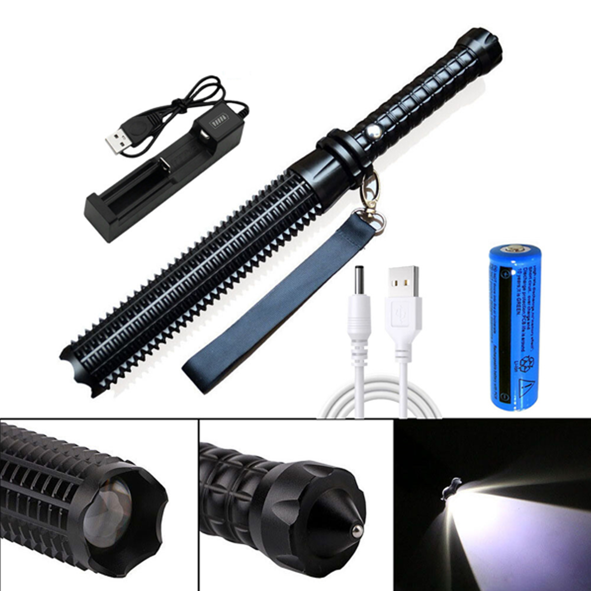 Schwarzer Taser mit Ladegerät, Batterie und Kabeln auf weißem Hintergrund.