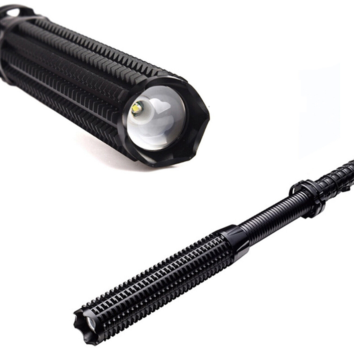 Zwei schwarze Taschenlampen mit geriffelten Griffen auf weißem Hintergrund.