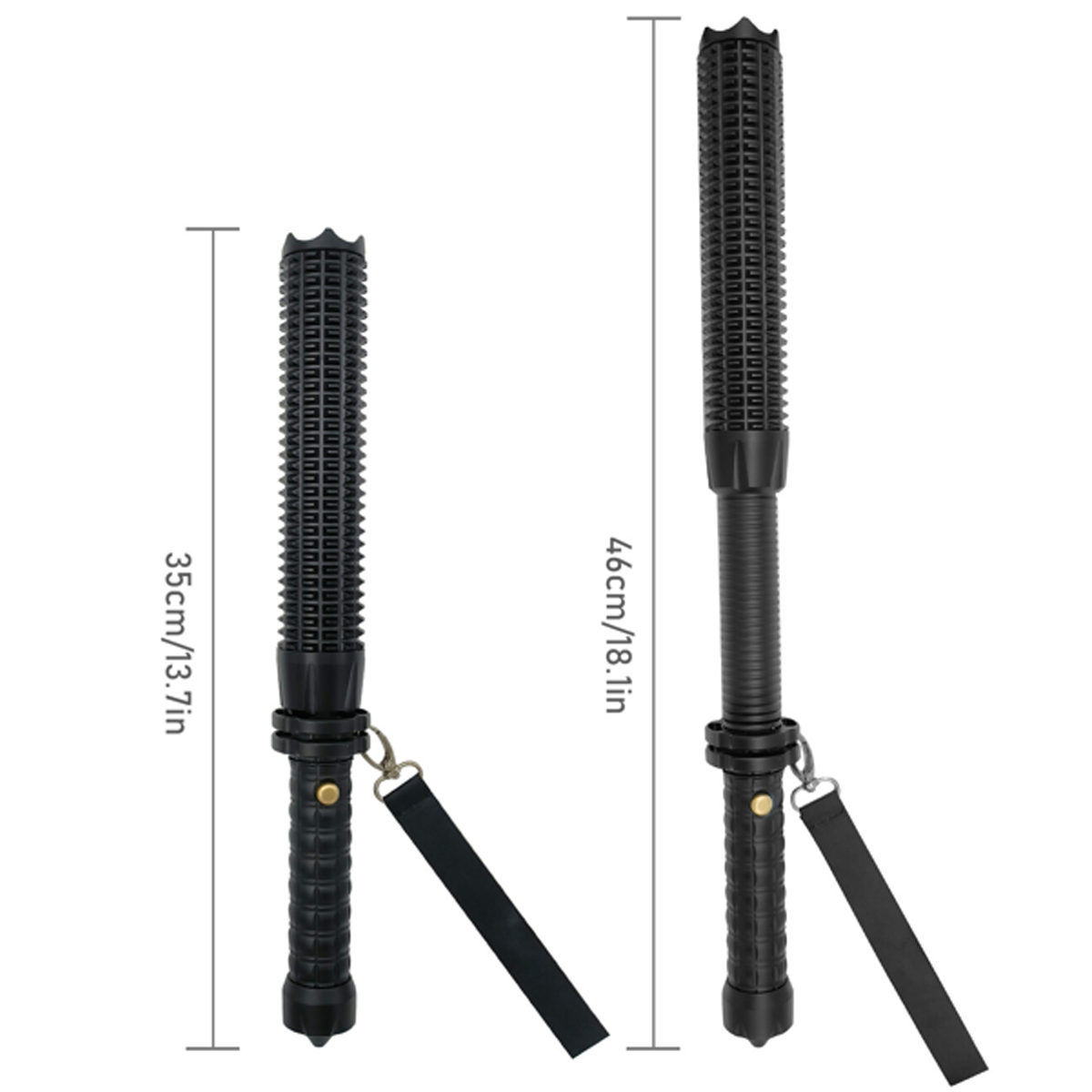 Zwei schwarze Teleskop-Schlagstöcke mit Griffen und Trageschlaufen. Einer ist 35 cm, der andere 46 cm lang.