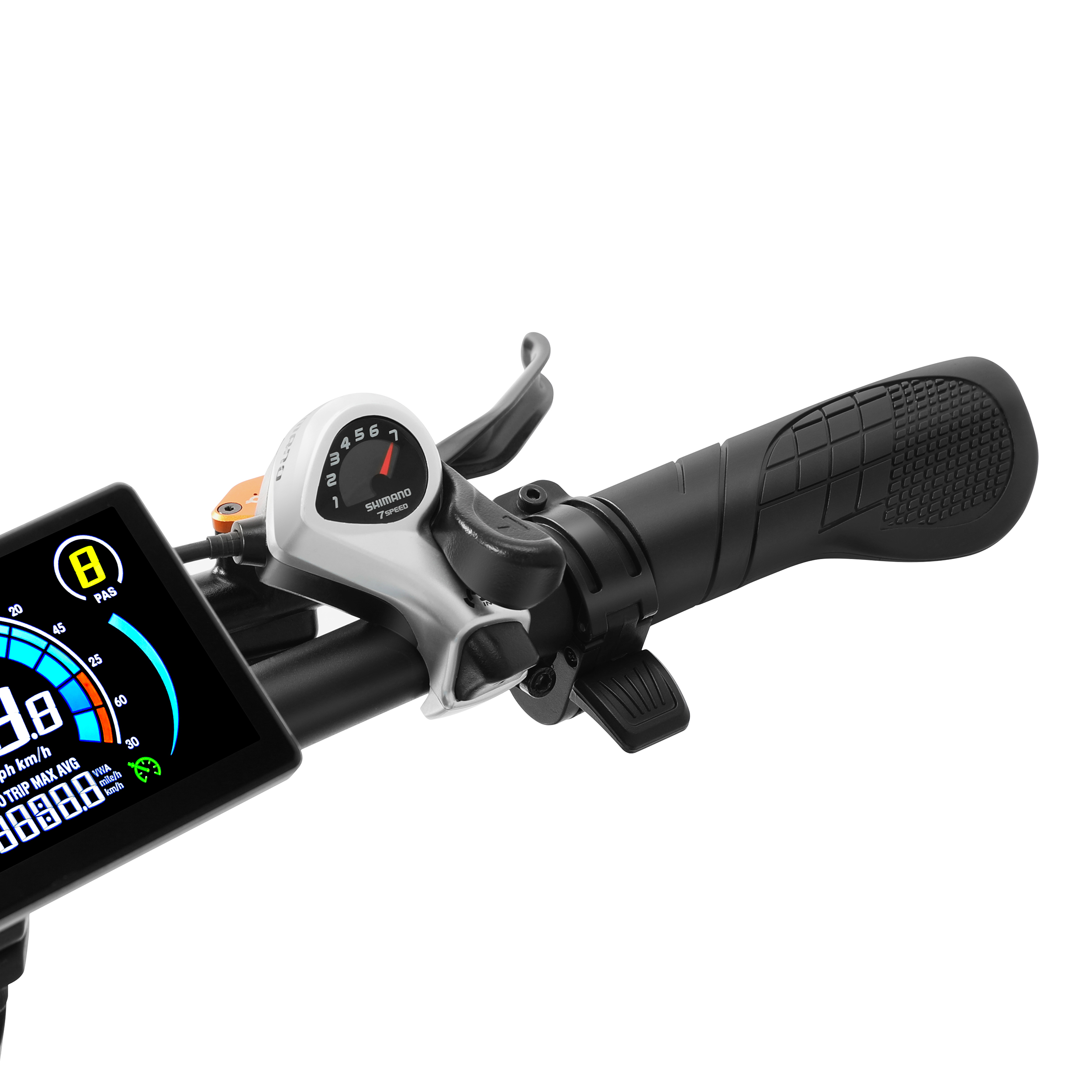 Manubrio bici con display, cambio e manopola. Bianco e nero.