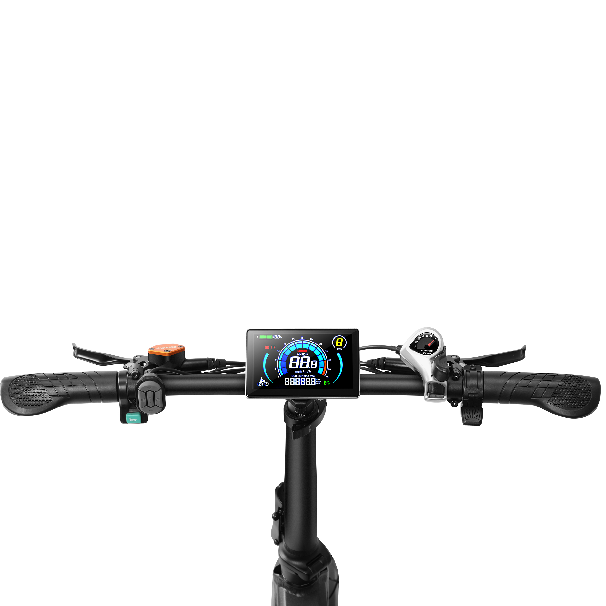 Manubrio e-bike con display, manopole e freni.