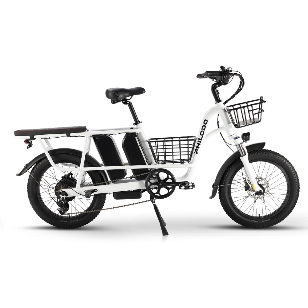 Bicicletta cargo elettrica bianca con due batterie, due cestini e portapacchi posteriore.