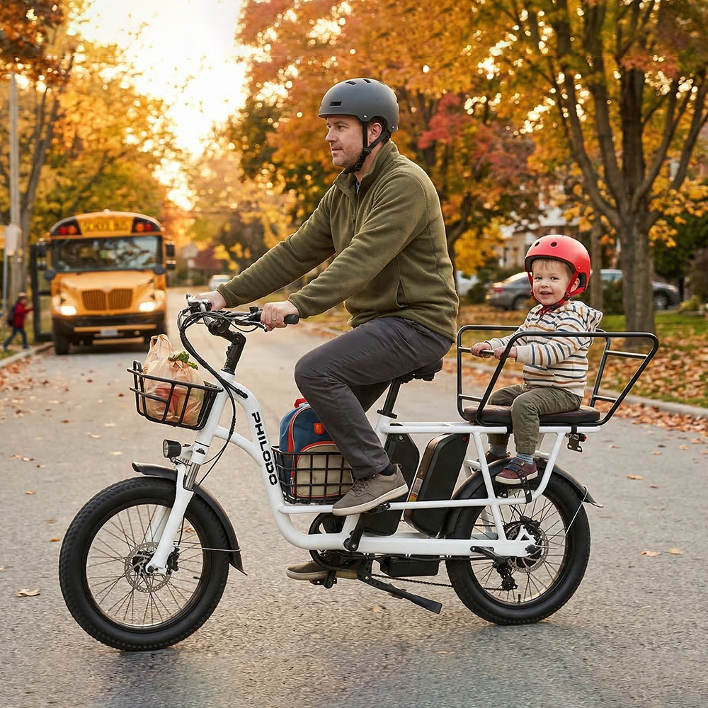 Mann auf E-Bike mit Kind im Rücksitz, Schulbus und Herbstbäume im Hintergrund.