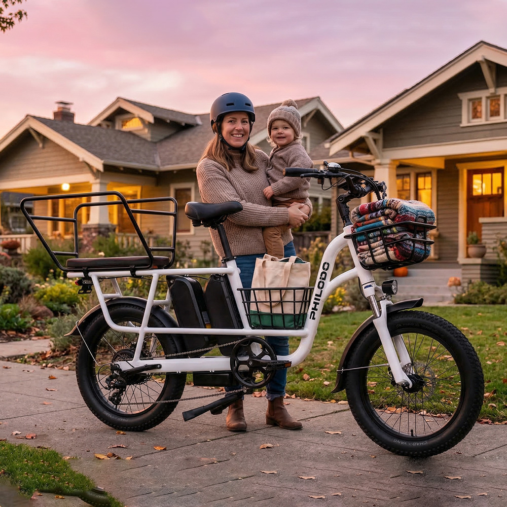 Donna con casco tiene bambino vicino a bici elettrica cargo bianca con coperte nel cestino.