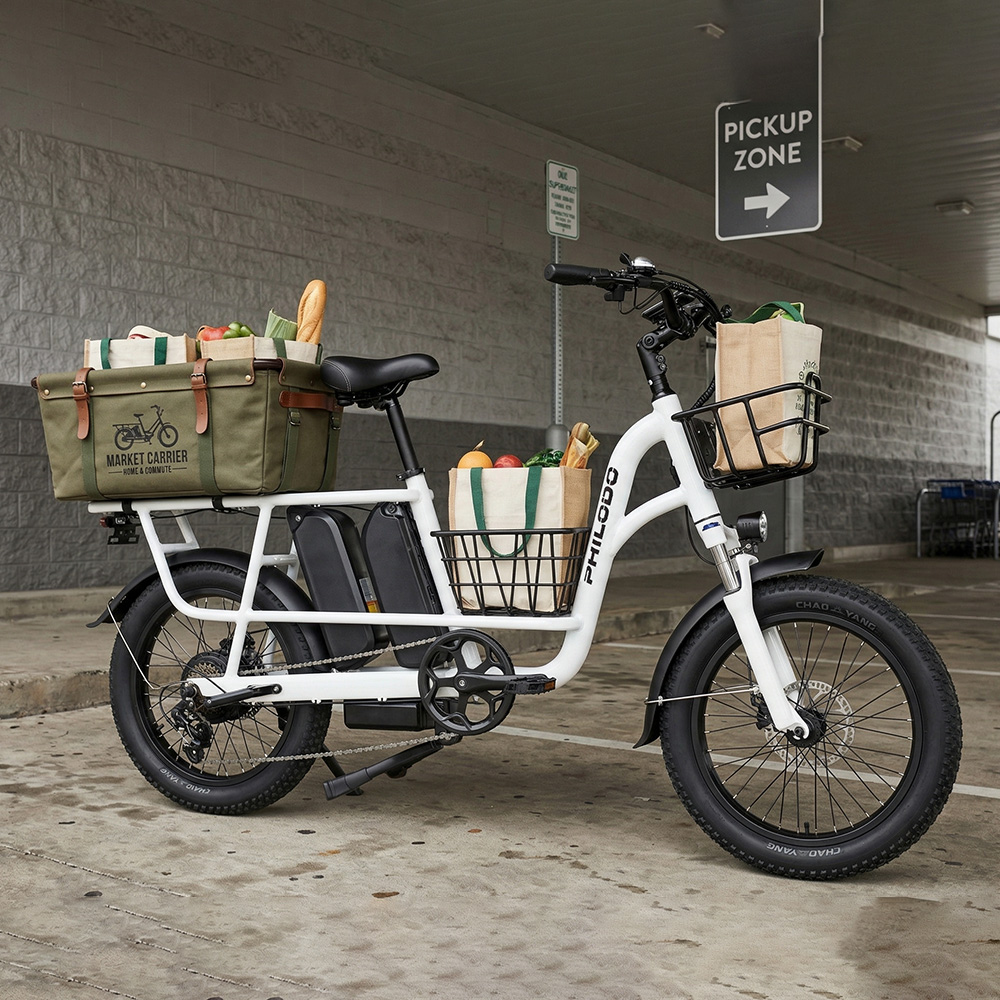 Ein weißes E-Bike mit zwei Körben, gefüllt mit Lebensmitteln und Brot, steht draußen.