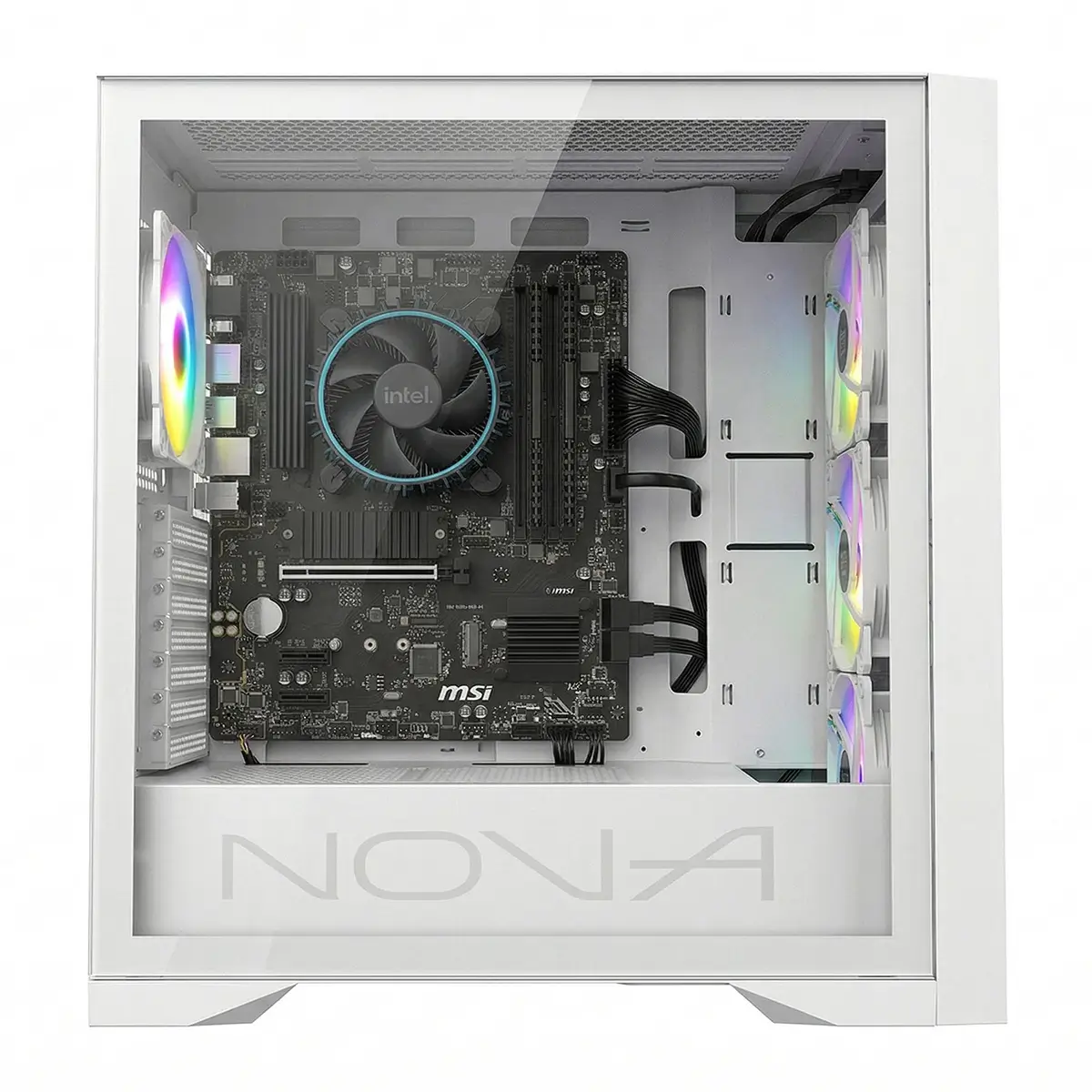 Case per computer bianco con pannello laterale aperto, che rivela componenti interni come scheda madre, dissipatore CPU e ventole.