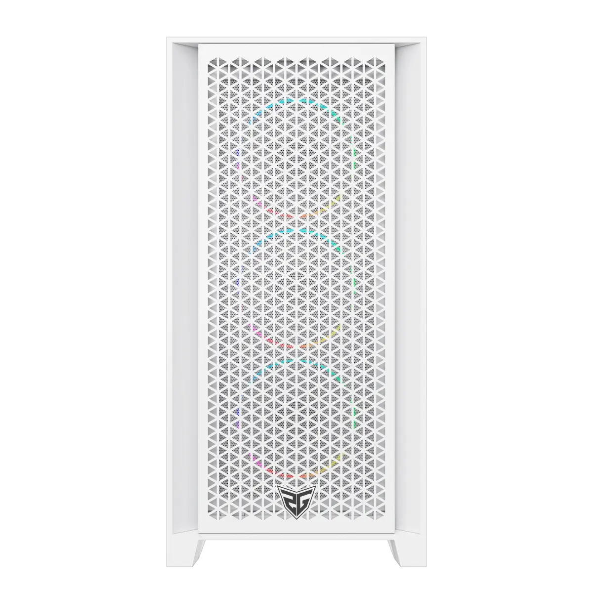 Case per computer bianco con pannello frontale perforato e illuminazione RGB.