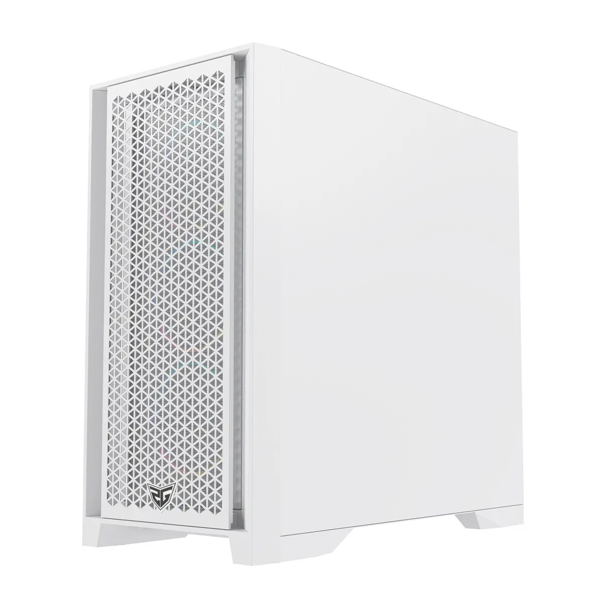Un case per computer bianco con pannello frontale forato e piedini discreti.