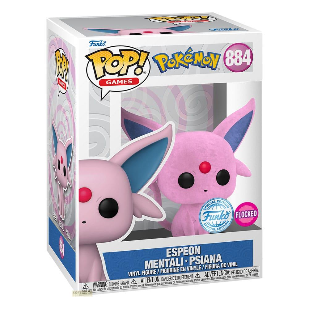 Verpackte Espeon Funko Pop! Figur aus Pink mit blauen Ohren und roter Stirn.