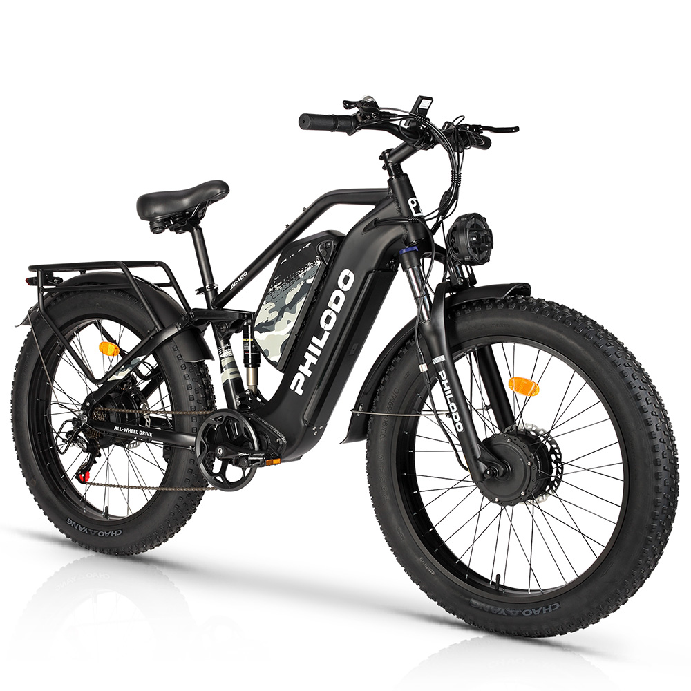 Ein schwarzes Philodo Elektro-Fatbike mit Federung, Digitalanzeige und Gepäckträger.