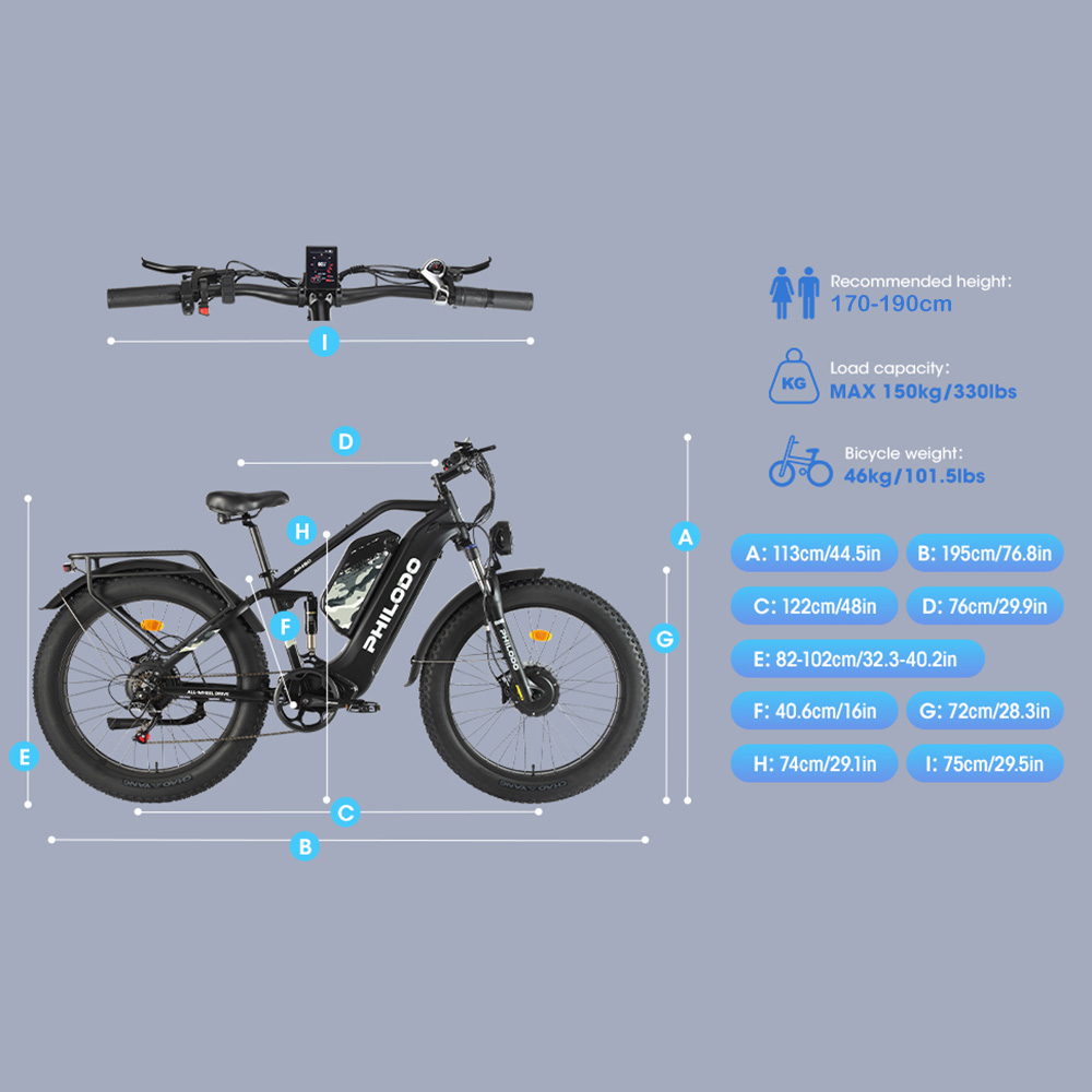 Schwarzes E-Bike mit Maßangaben und Spezifikationen wie Höhe, Gewicht und Tragfähigkeit.