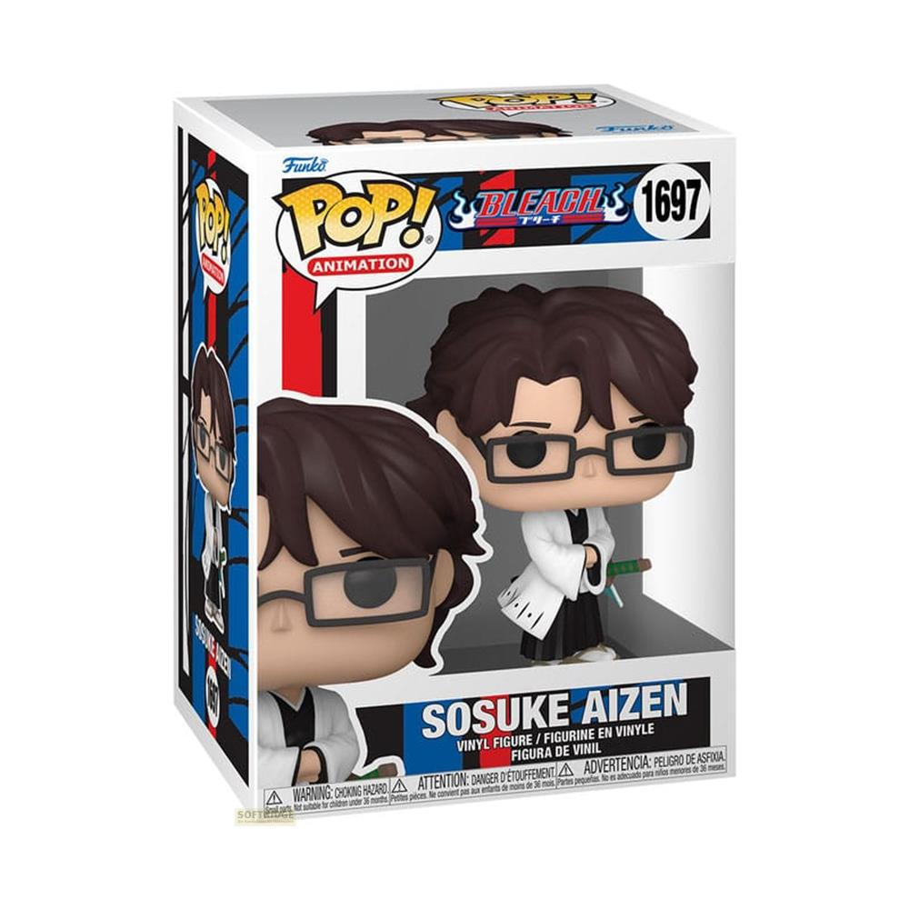 Action figure Funko Pop! in vinile di Sosuke Aizen da Bleach, capelli castani e occhiali.